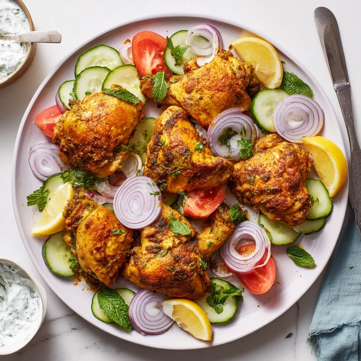 Tender spiced Lebanese chicken plated with fresh cucumber tomatoes and cooling mint garlic yogurt topping