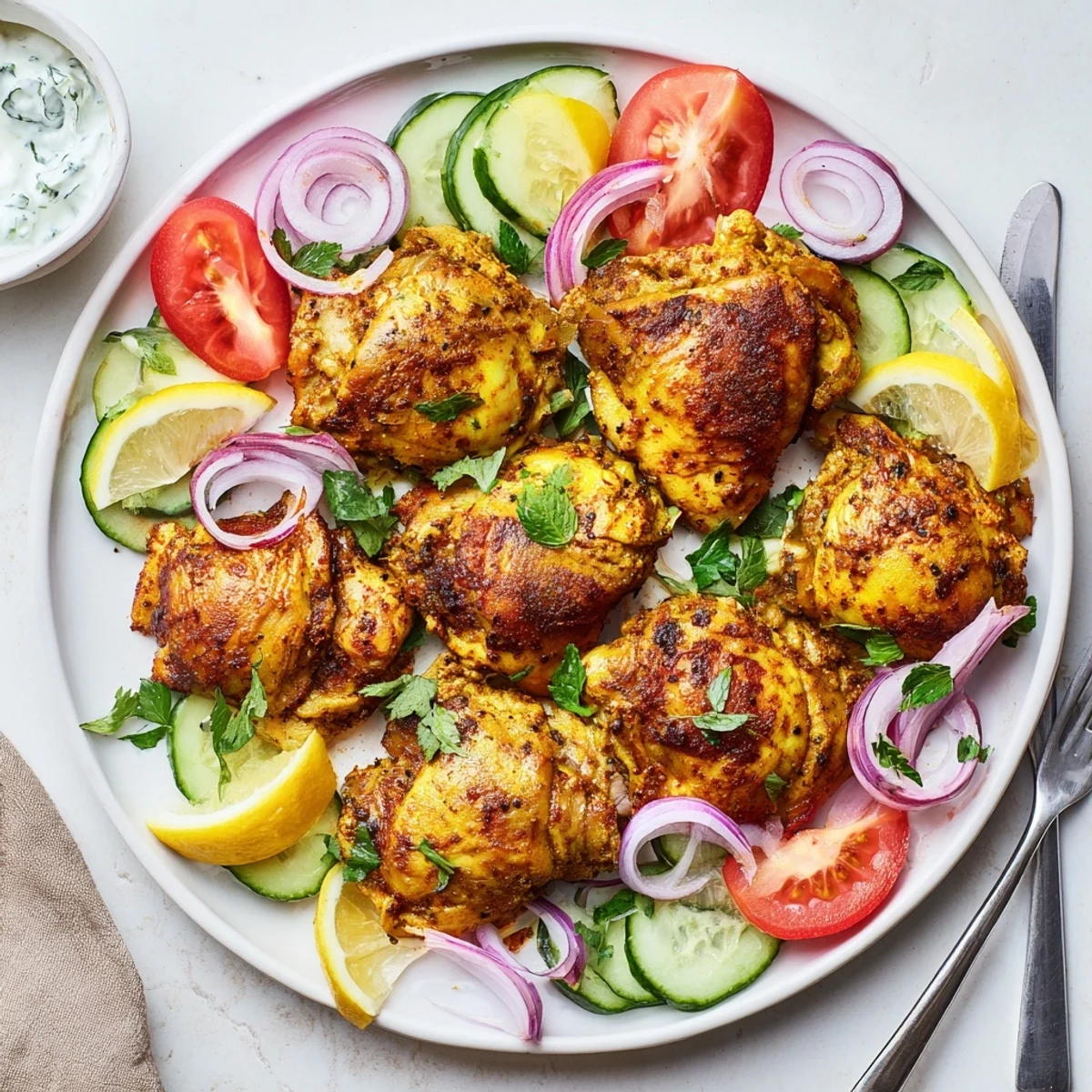 Oven-roasted Lebanese chicken garnished with vibrant vegetables and tangy herbed yogurt sauce for a complete Mediterranean feast