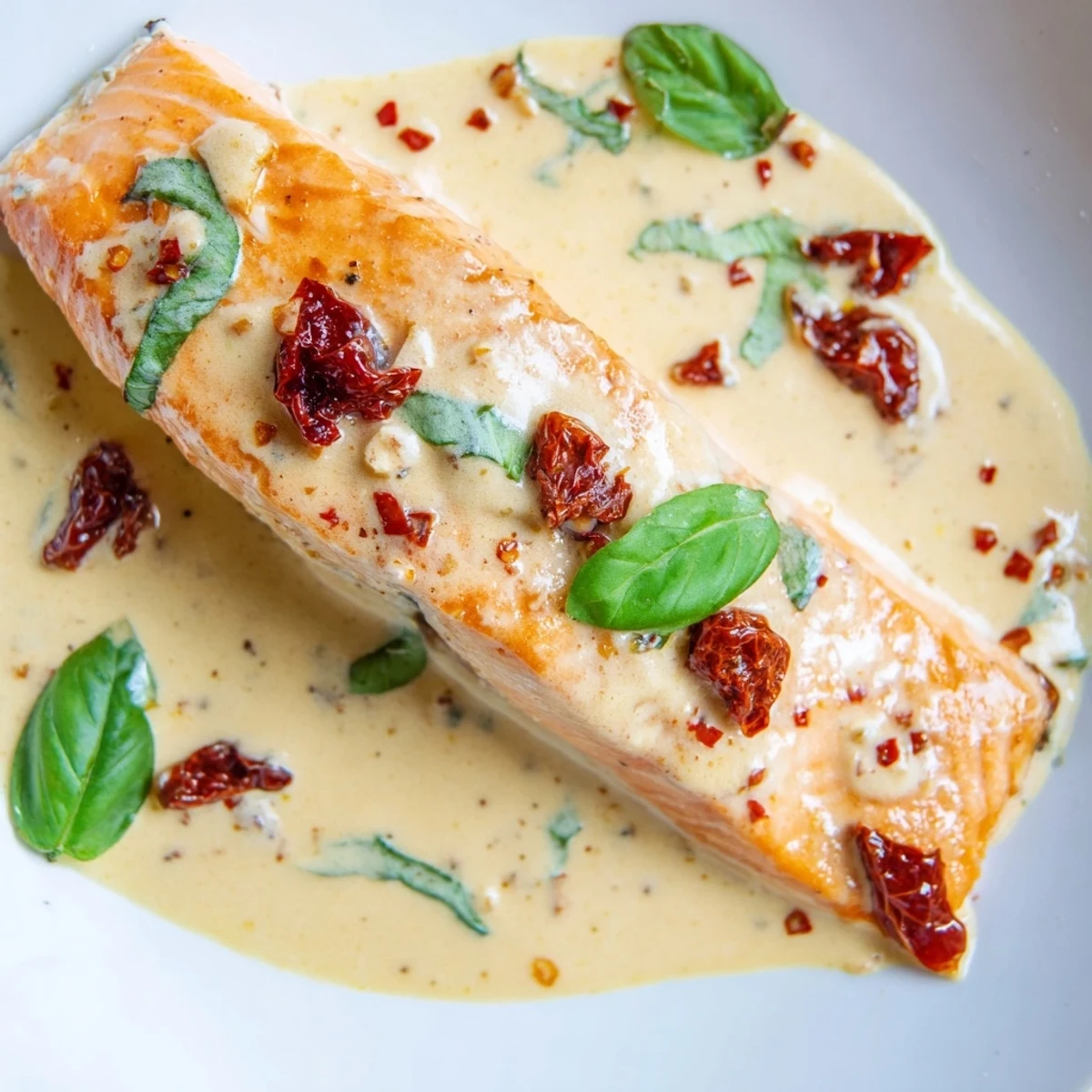 Marry Me Salmon served on a white plate, topped with velvety garlic cream sauce, chopped sun-dried tomatoes, and basil garnish.