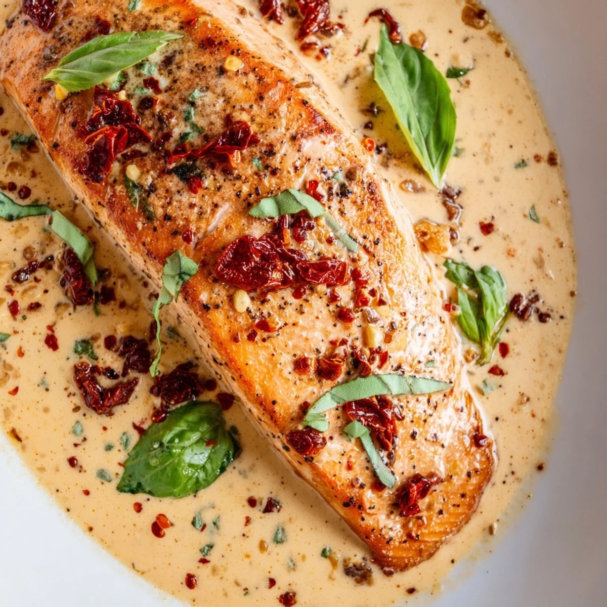Golden pan-seared salmon fillets resting in a rich, creamy parmesan sauce with sun-dried tomatoes and fresh green herbs.