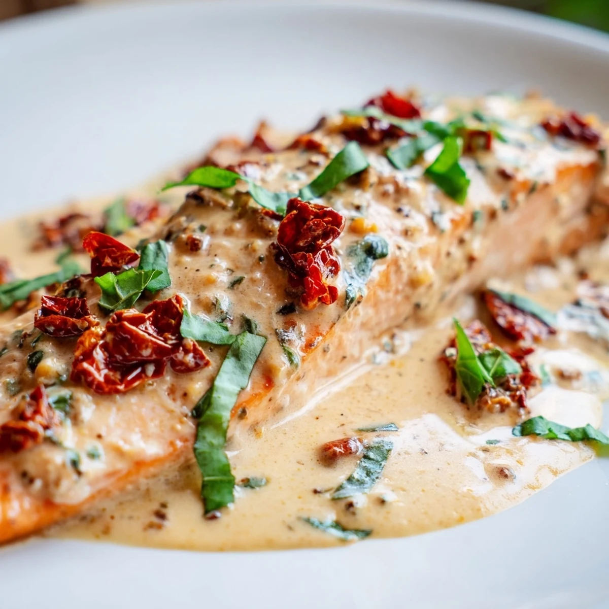 Perfectly cooked salmon pieces swimming in a luscious white wine cream sauce with parmesan, sun-dried tomatoes, and red pepper flakes.