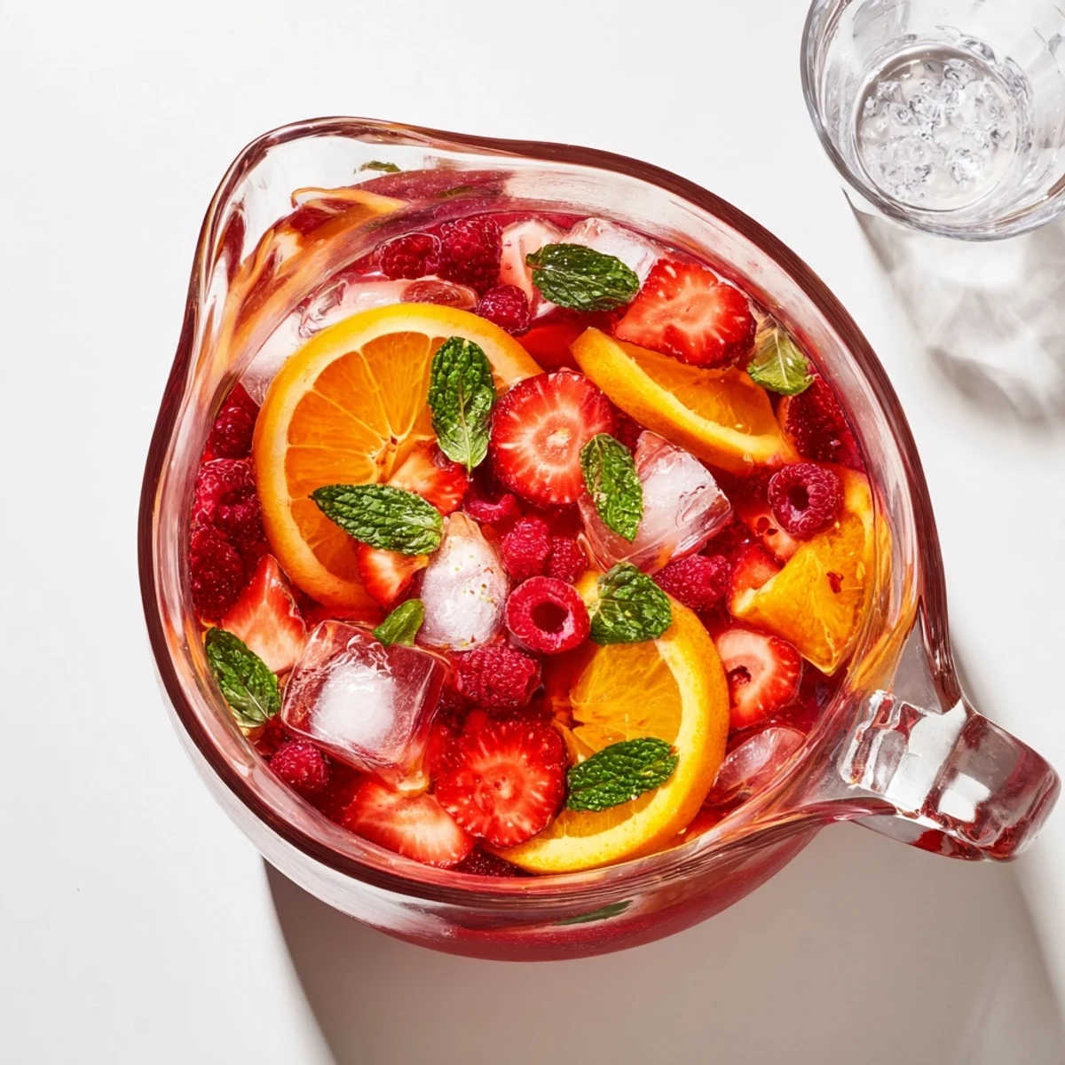 Glossy refreshing love potion punch in clear pitcher garnished with fresh strawberries orange slices and mint