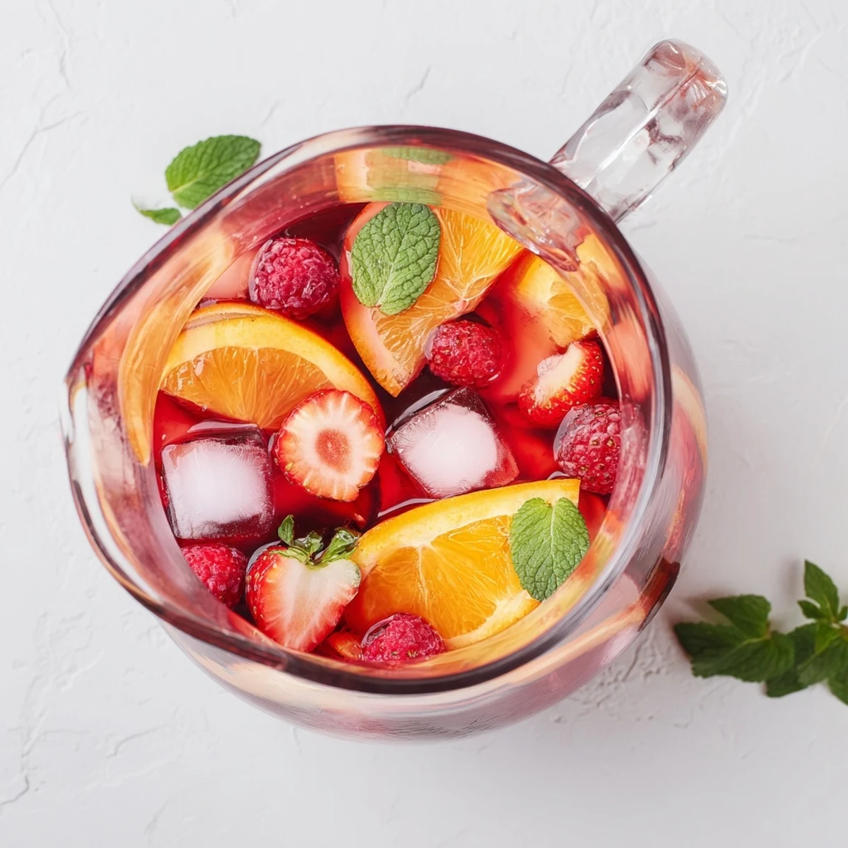 Vibrant red love potion punch served over ice with floating raspberries and citrus wheel garnishes