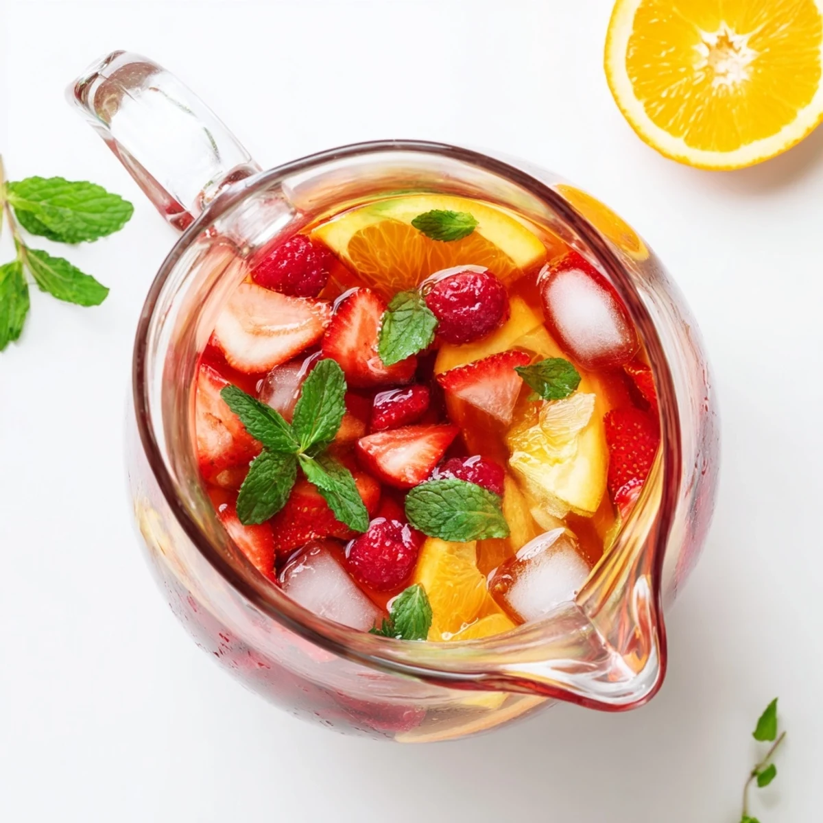 Romantic refreshing love potion punch in glass cups topped with fresh berries and green mint sprigs