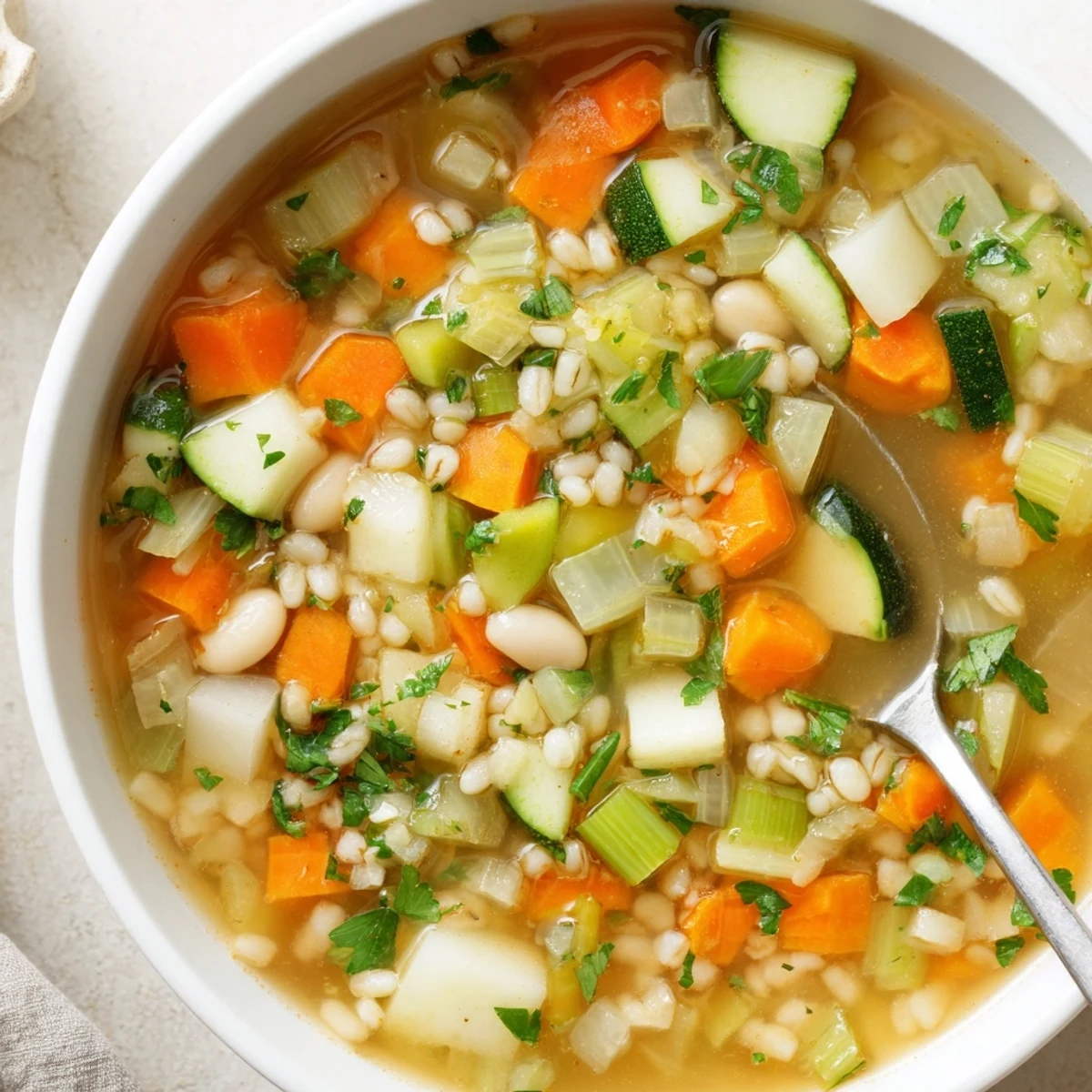 Golden bowl of classic Stone Soup filled with wholesome vegetables, pearl barley, and fresh parsley garnish