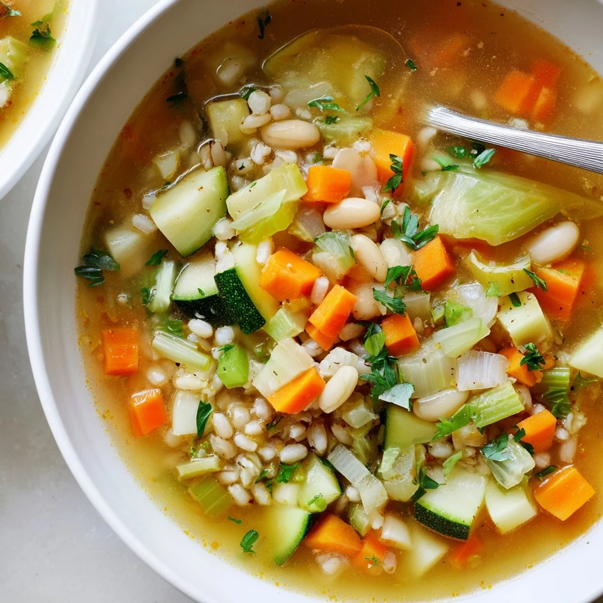 Hearty vegetable Stone Soup simmering in a pot with colorful diced carrots, celery, and tender white beans