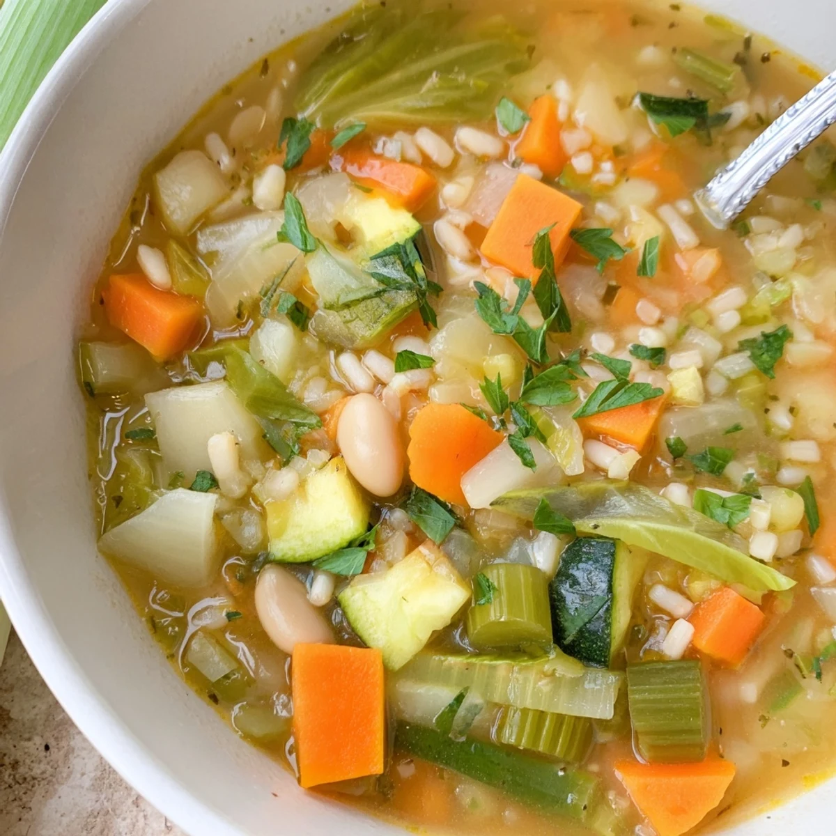Rustic Stone Soup featuring chunky potatoes, green beans, and cabbage in rich vegetable broth ready to serve