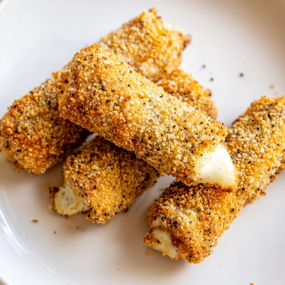 Golden crispy cheesy roll ups featuring melty mozzarella centers with a crunchy panko coating