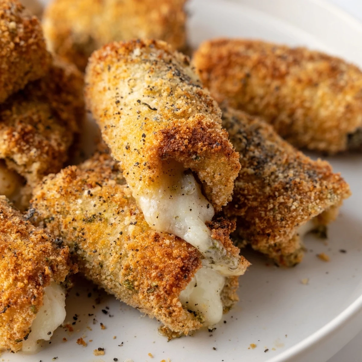 Bite-sized crispy cheesy roll ups arranged on a serving plate, golden brown and bubbling