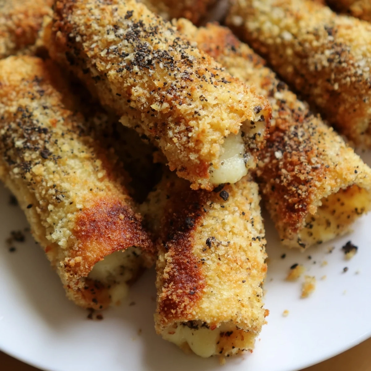 Pan-fried crispy cheesy roll ups with garlic Parmesan breadcrumbs and oozing melted cheese inside