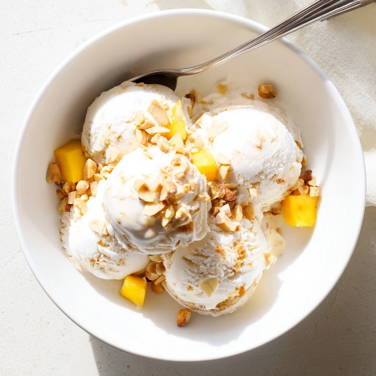 Creamy Thai coconut milk ice cream scooped into a chilled bowl with toasted coconut flakes garnish