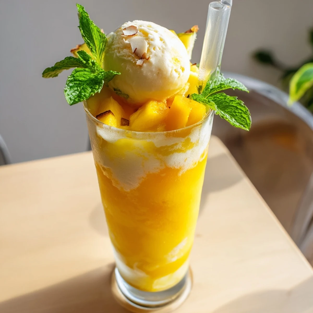 Tropical Paradise Rebel Float featuring layered mango pineapple puree topped with vanilla ice cream and fresh mint