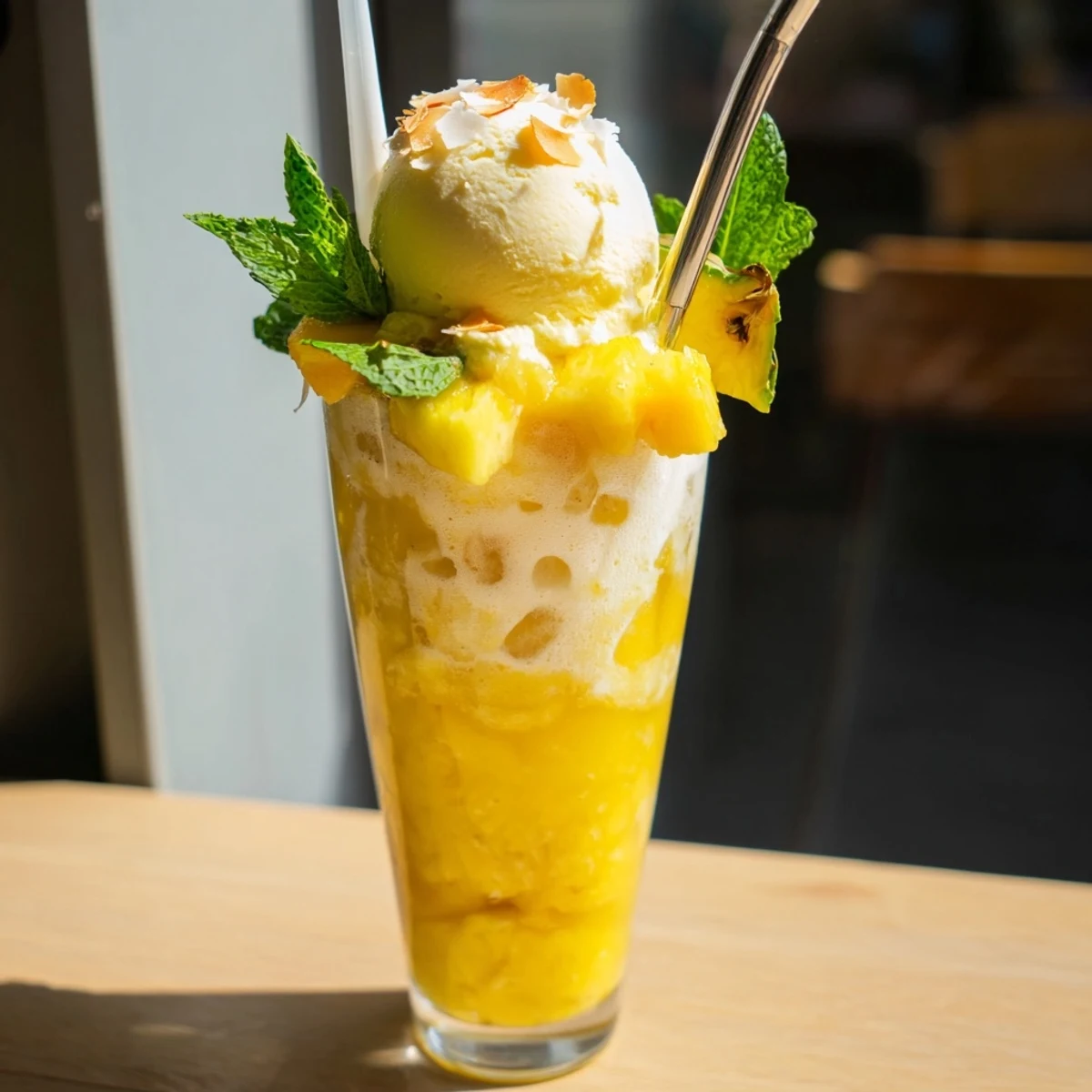 Golden mango pineapple Tropical Paradise Rebel Float in tall glass with whipped coconut cream and fruit garnish