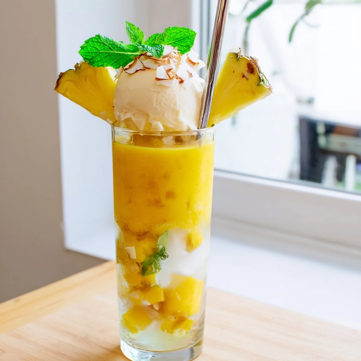 Refreshing Tropical Paradise Rebel Float showcasing vibrant yellow fruit blend with soda bubbles and toasted coconut flakes
