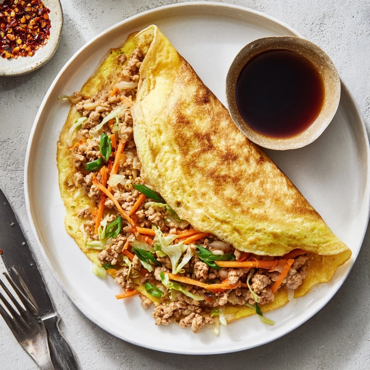 Golden Chinese style savoury stuffed breakfast pancakes filled with seasoned meat and vegetables