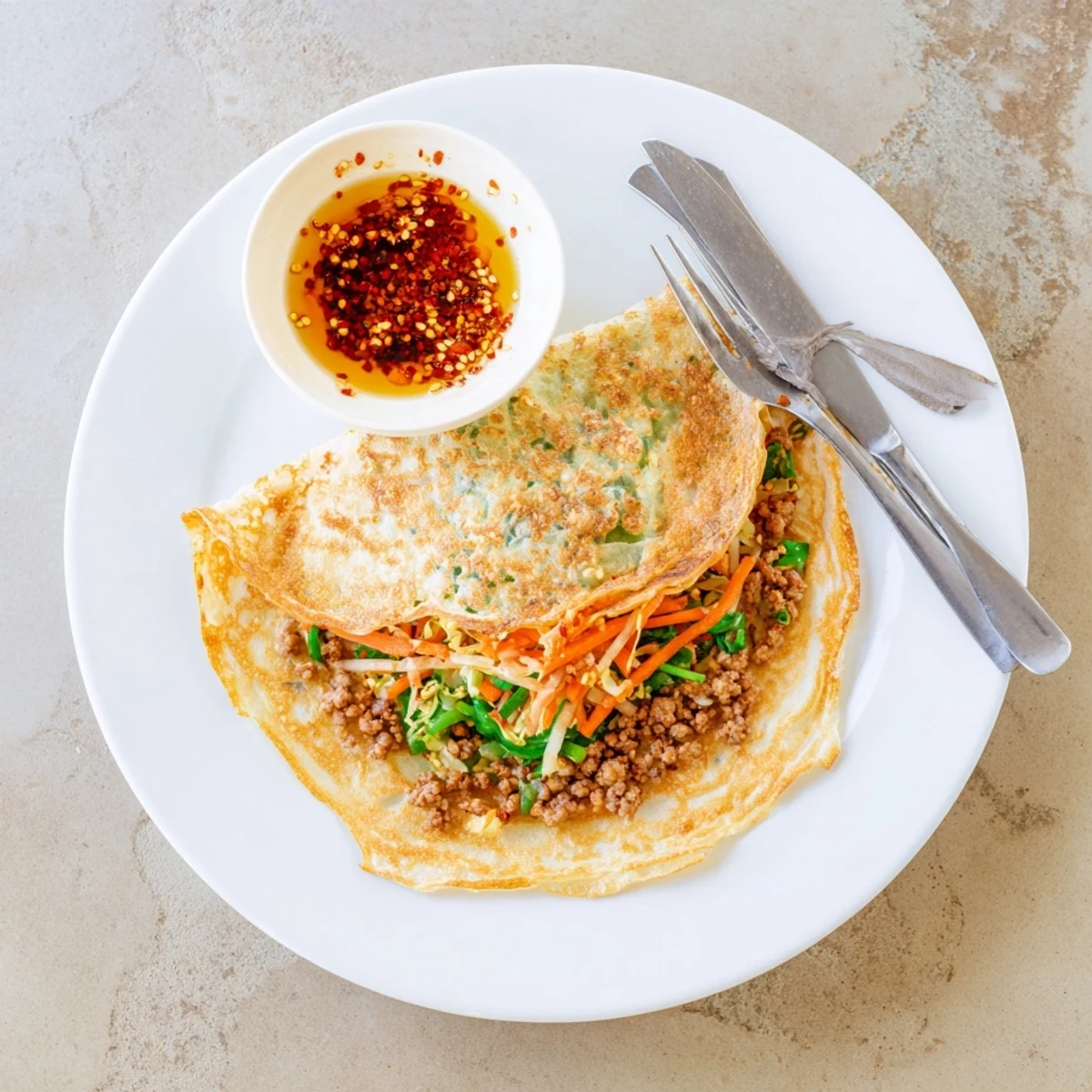 Stack of warm savoury stuffed breakfast pancakes ready to serve with soy dipping sauce