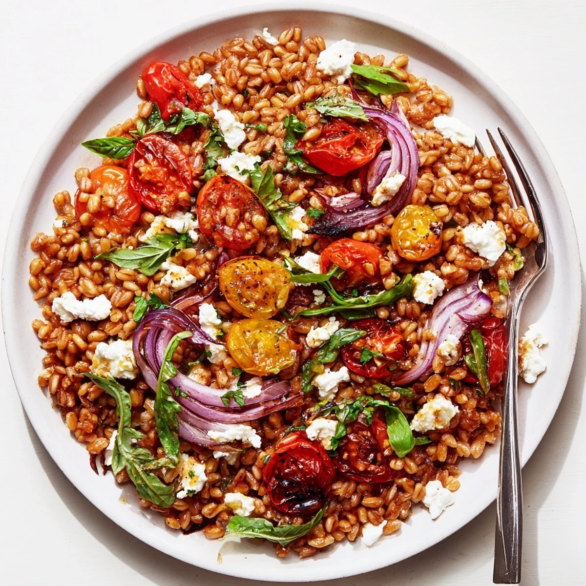 Golden slow-roasted tomatoes nestled among chewy farro grains with crumbled feta and fresh herbs