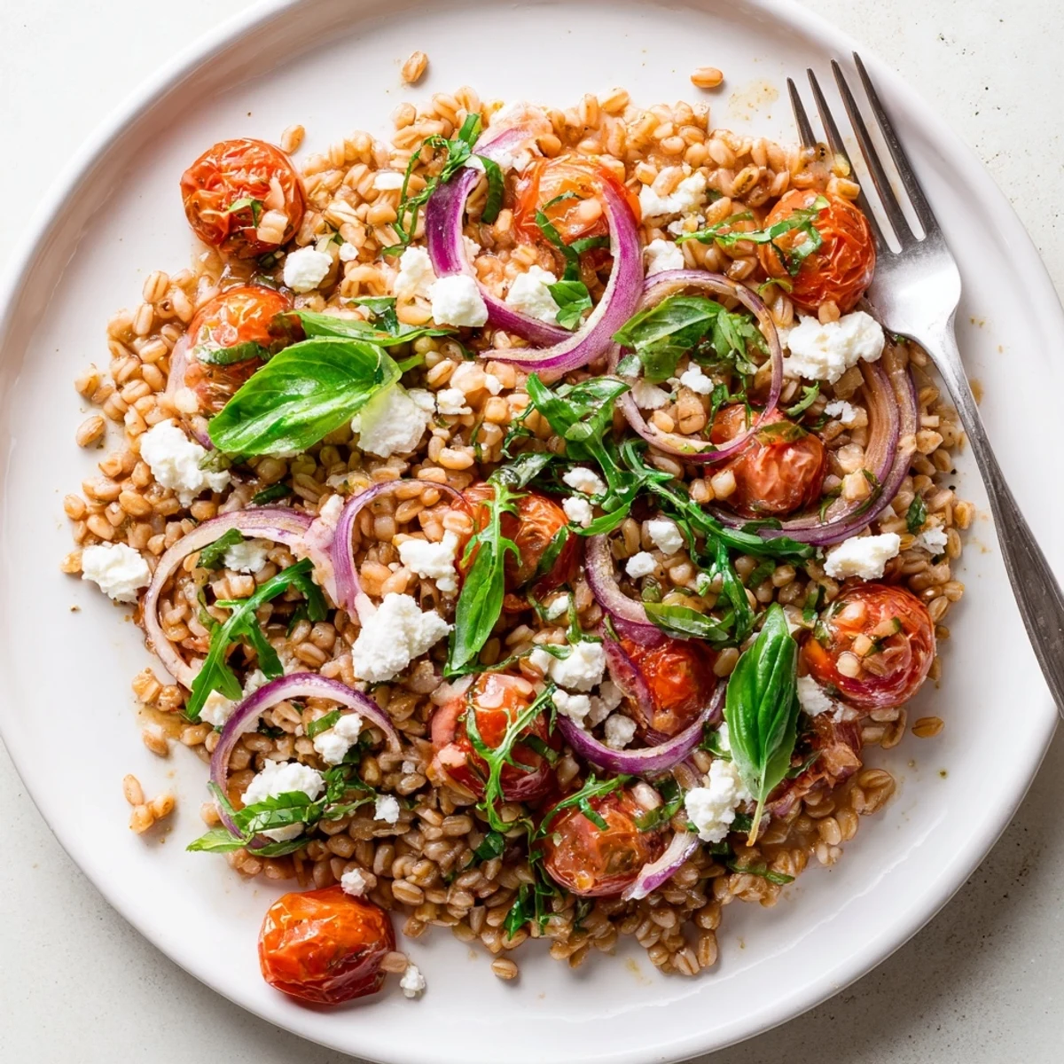 Vibrant Mediterranean bowl featuring caramelized cherry tomatoes tossed with tender farro and peppery arugula