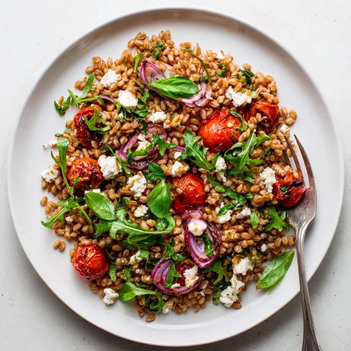 Hearty slow roasted tomato farro salad topped with tangy feta cheese and aromatic basil leaves