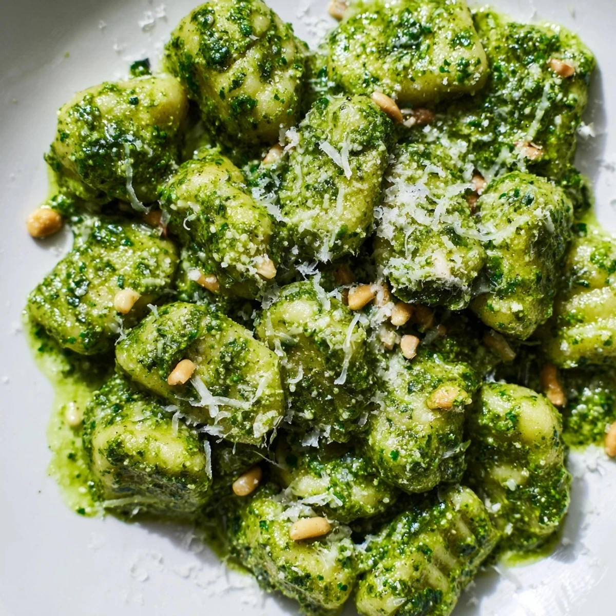 Golden potato gnocchi coated in vibrant green basil pesto sauce with grated Parmesan