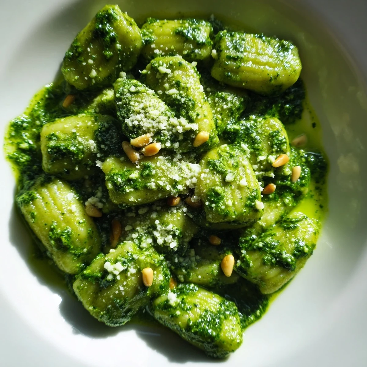 Close up of easy pesto gnocchi plated with fresh basil leaves and extra cheese