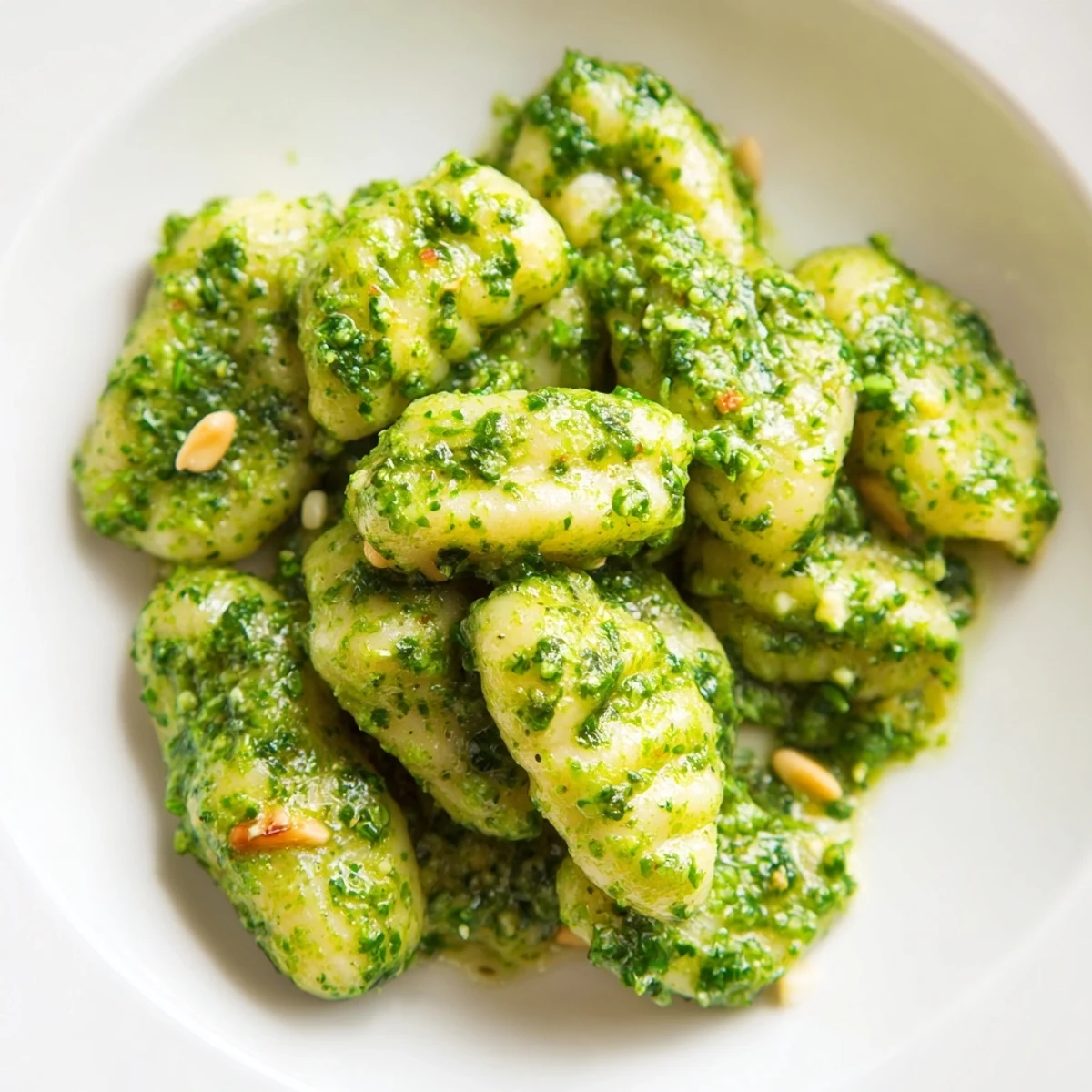 Steaming bowl of tender gnocchi tossed in aromatic basil pesto ready for serving