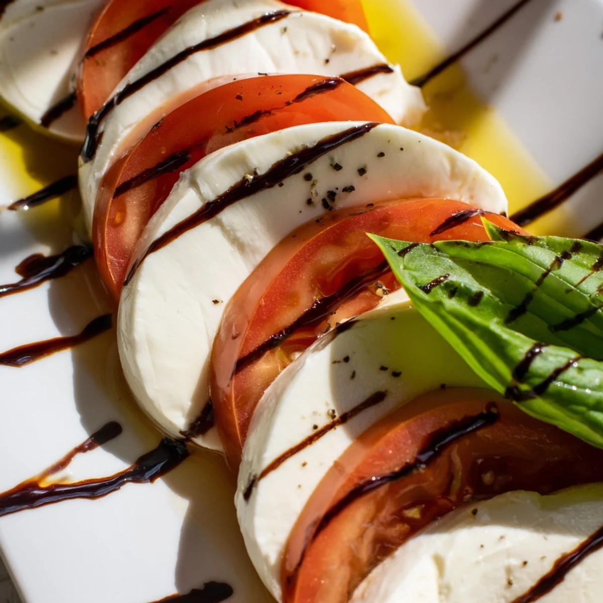 Holiday candy cane caprese salad with basil leaves drizzled with balsamic glaze on white platter