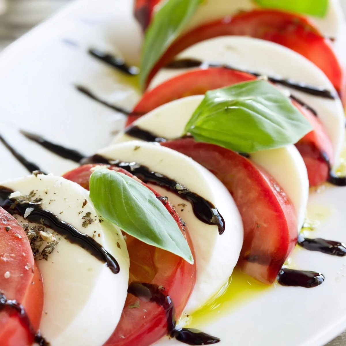 Colorful Christmas candy cane caprese salad featuring curved mozzarella and tomato pattern with green basil