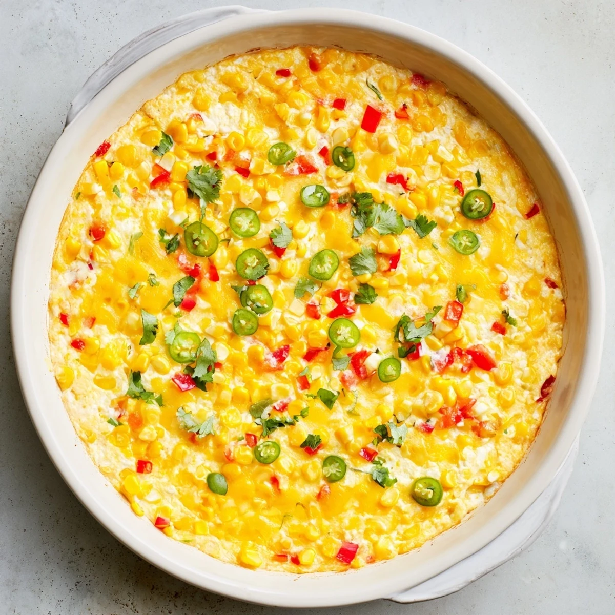Golden bubbly corn dip topped with melted cheddar and fresh cilantro garnish