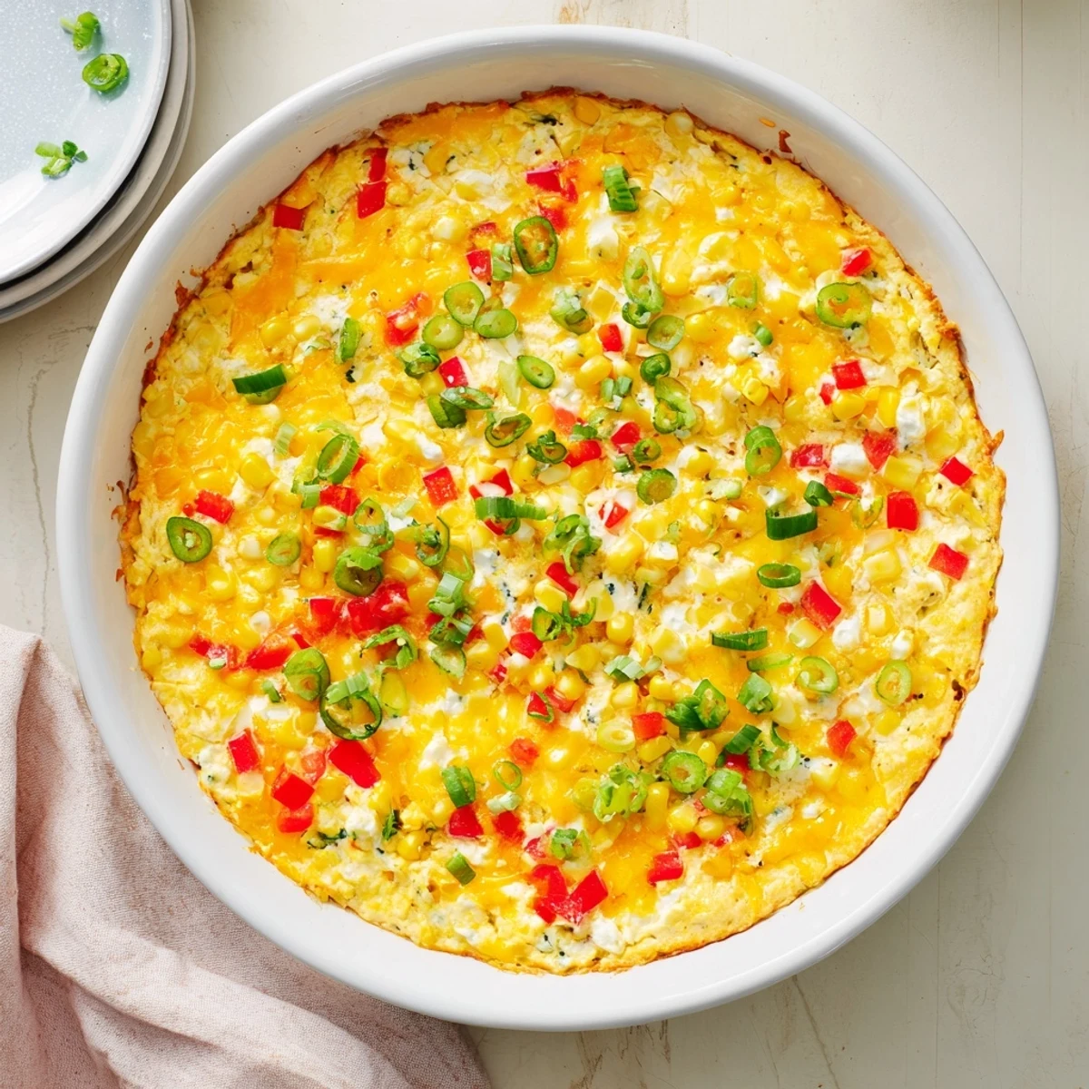 Creamy baked corn dip with red bell pepper and green onion pieces