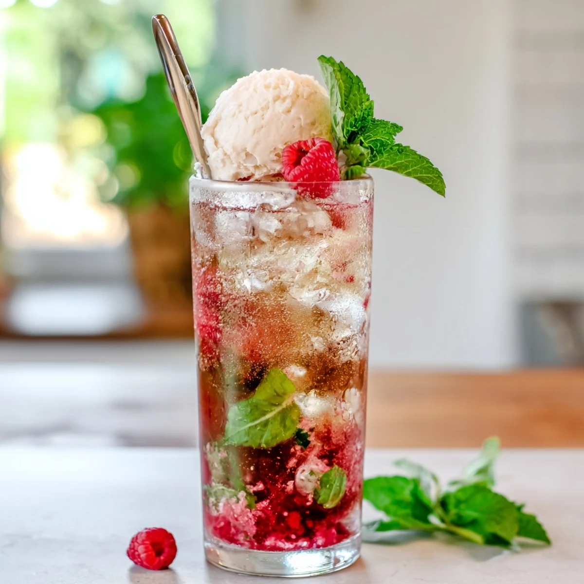 Tall glass of Raspberry Mint Mojito Rebel Float Mocktail with melting vanilla scoop and floating raspberries