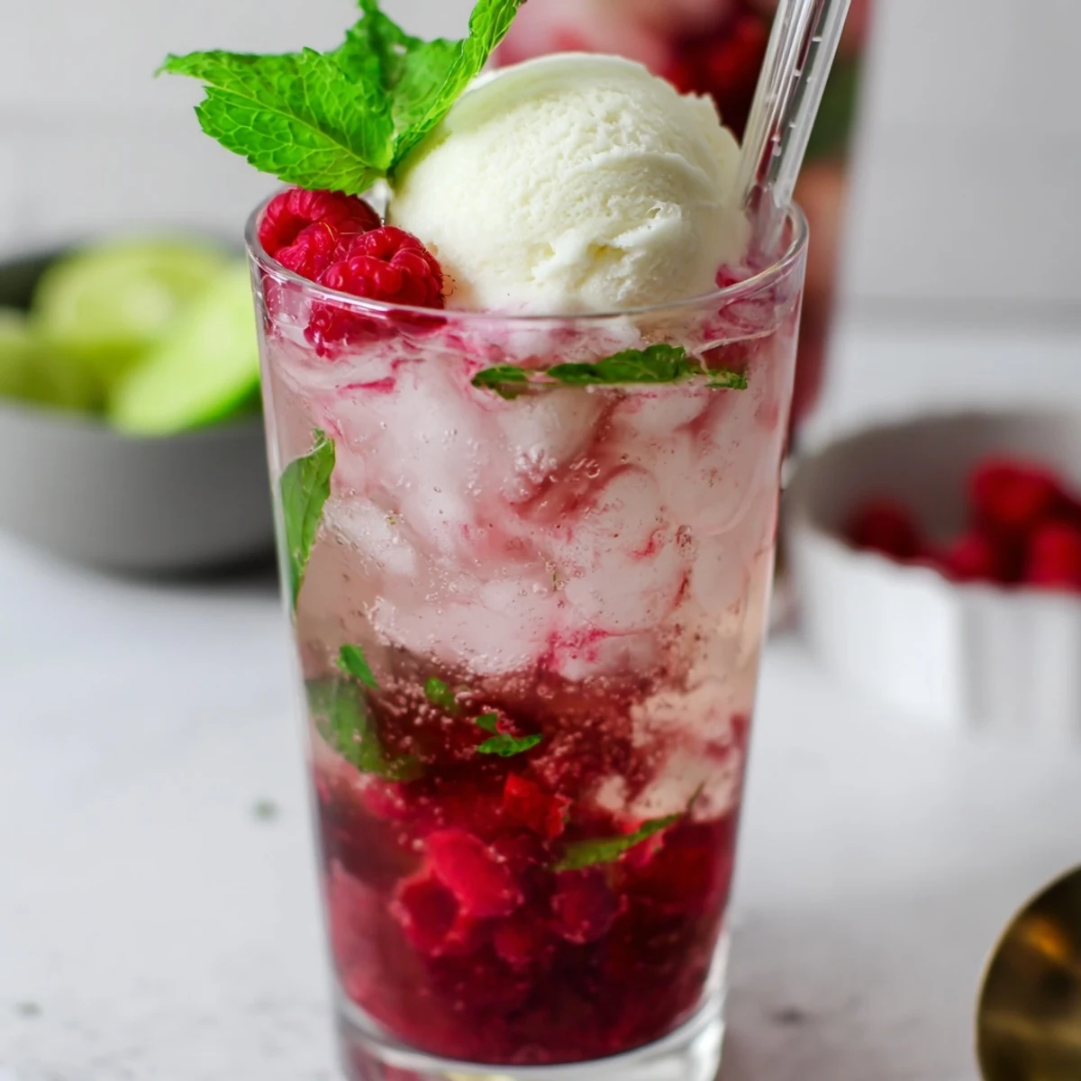 Raspberry Mint Mojito Rebel Float Mocktail topped with vanilla ice cream and fresh mint garnish