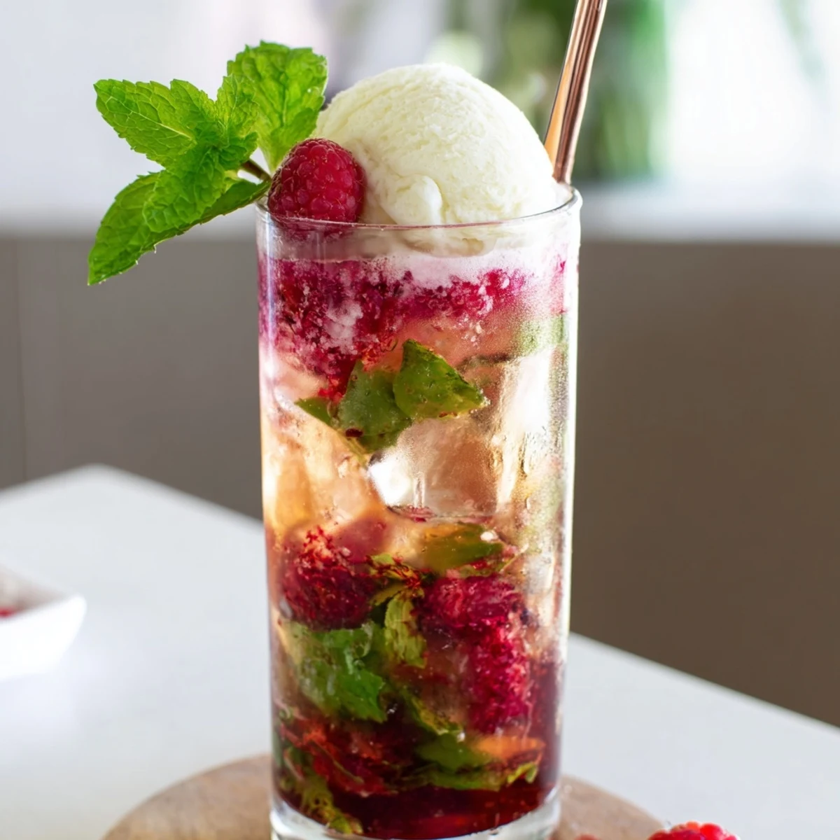 Refreshing Raspberry Mint Mojito Rebel Float Mocktail served over ice with lime wedge and creamy vanilla ice cream