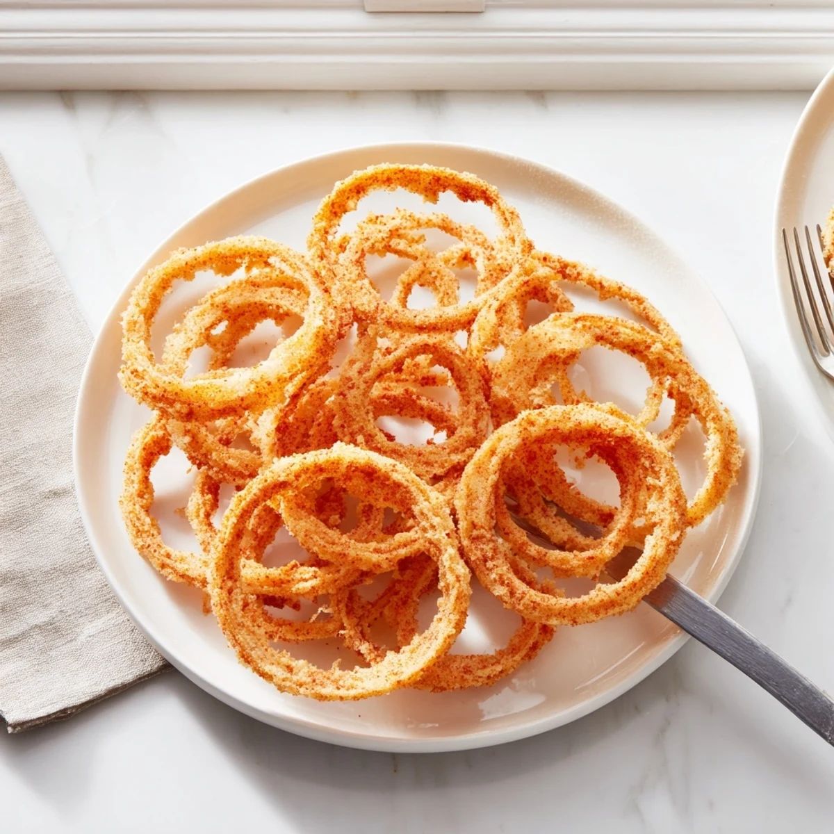 Golden crispy onion ring chips arranged on a serving plate with dipping sauce