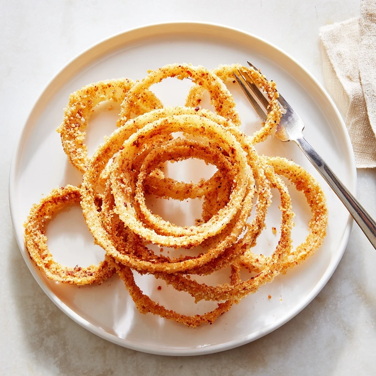 Homemade onion ring chips fresh from the fryer with visible batter coating