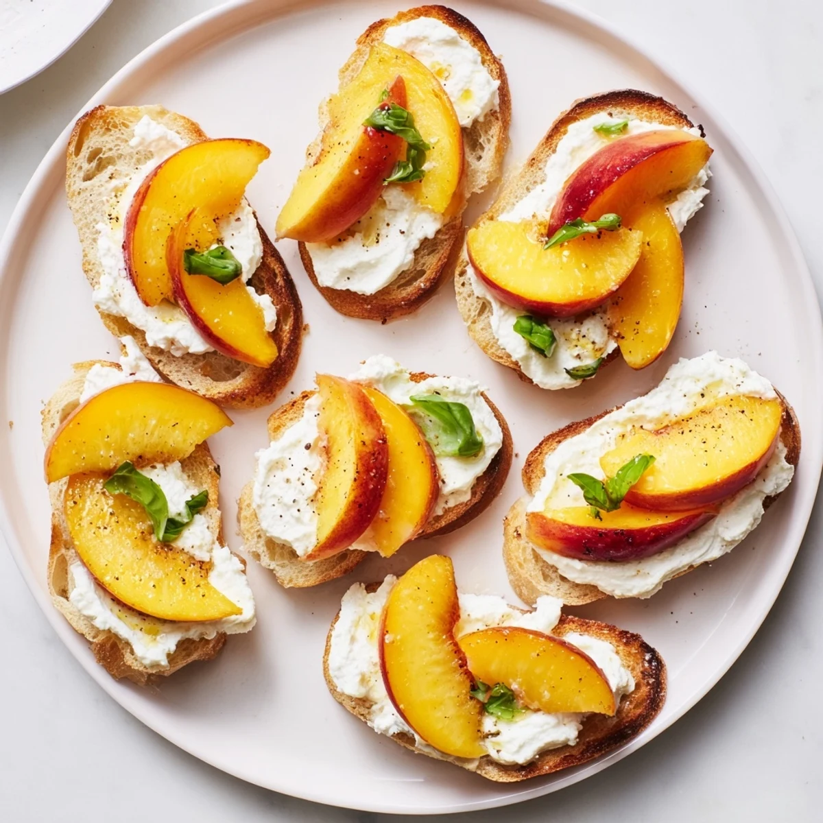 Summer appetizer featuring juicy ripe peaches layered over creamy ricotta on crisp bread