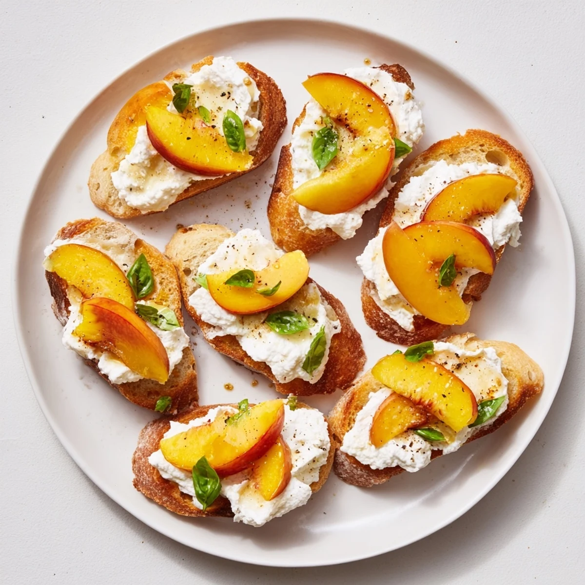 Golden toasted baguette slices topped with fluffy whipped ricotta and sweet fresh peach slices