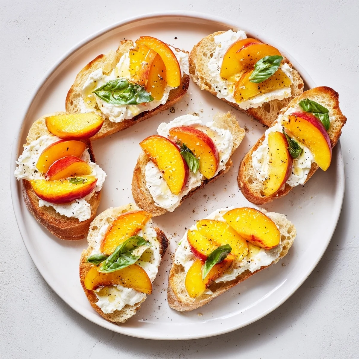 Vibrant peach bruschetta with whipped ricotta sprinkled with fresh basil and black pepper