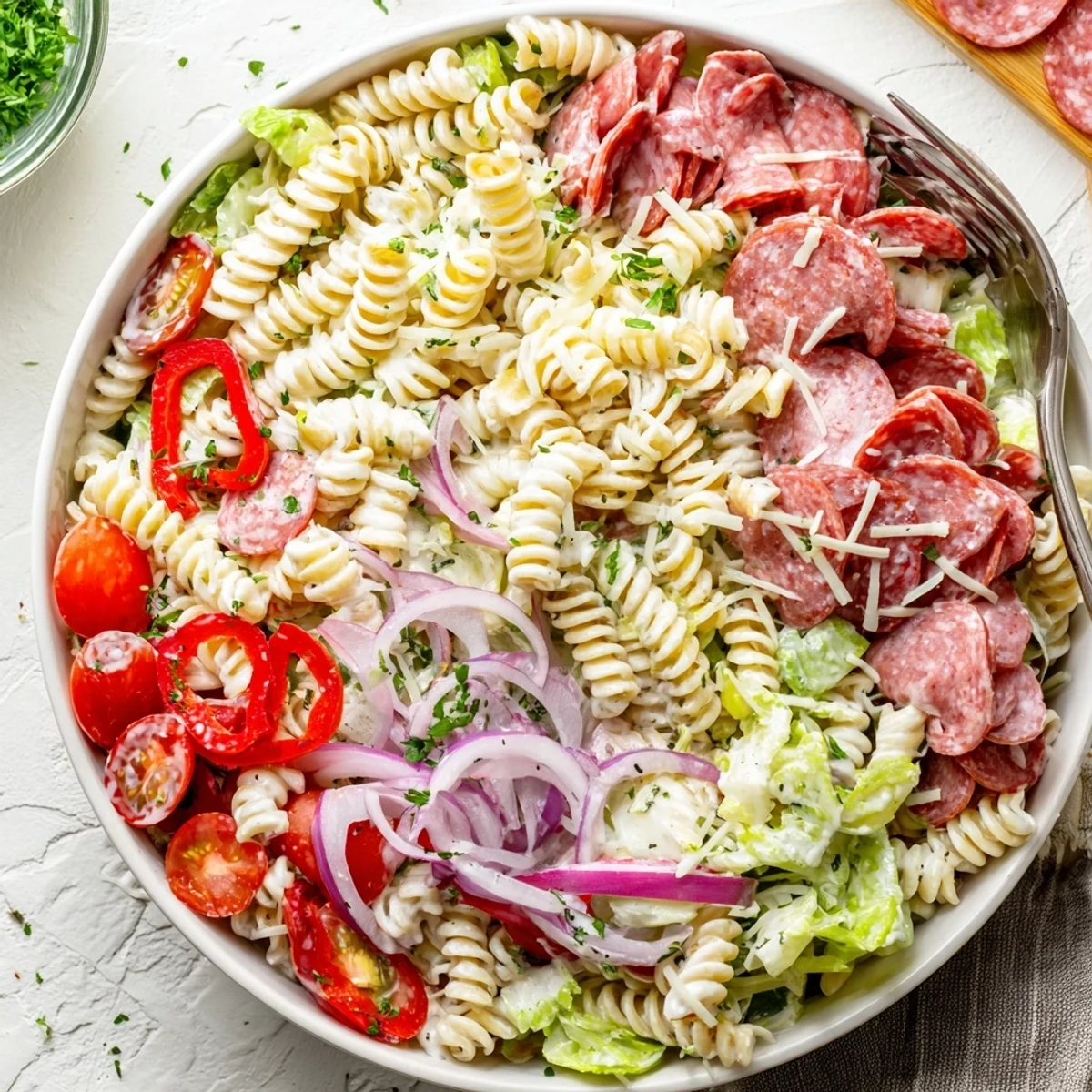 Hearty bowl of Italian grinder pasta salad featuring provolone, salami, and crisp red onion in zesty dressing