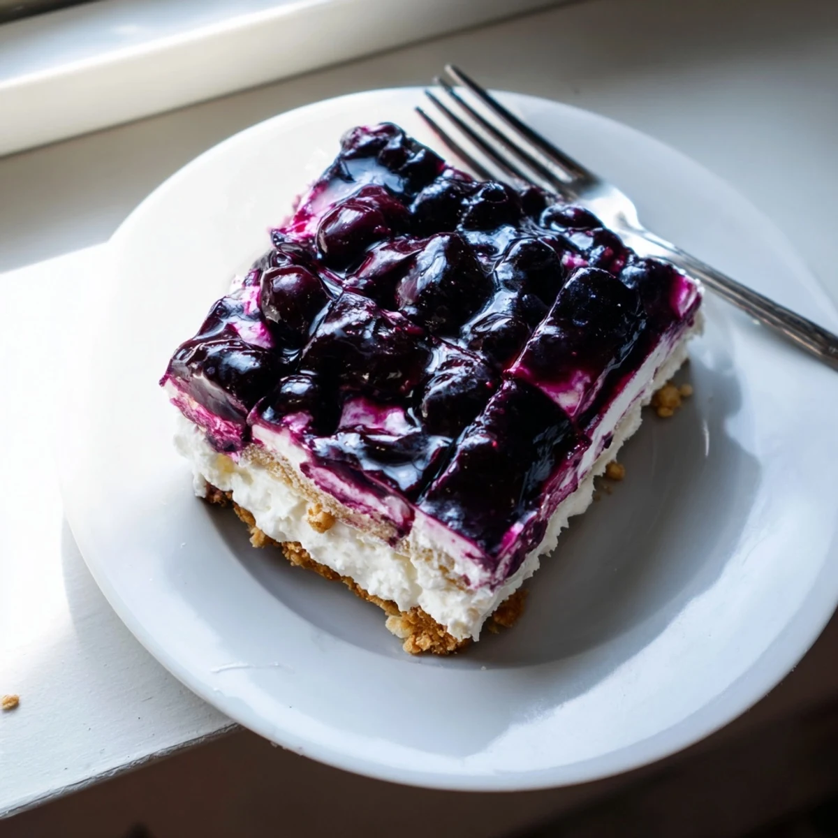 Festive sweet and tangy blueberry jamboree dessert with creamy cheesecake layer and glossy purple blueberry topping