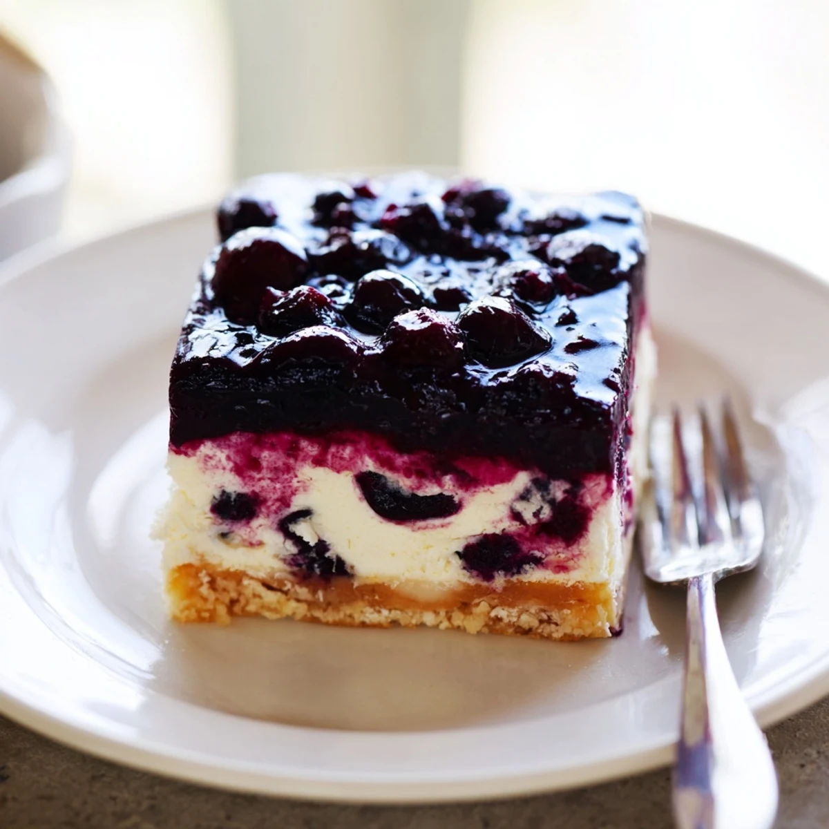 Sliced square of blueberry jamboree showing golden crust, white cream cheese filling, and vibrant berry topping on fork