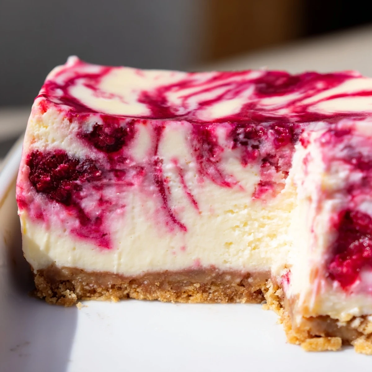Creamy raspberry cheesecake slice with vibrant red berry swirl on graham cracker crust