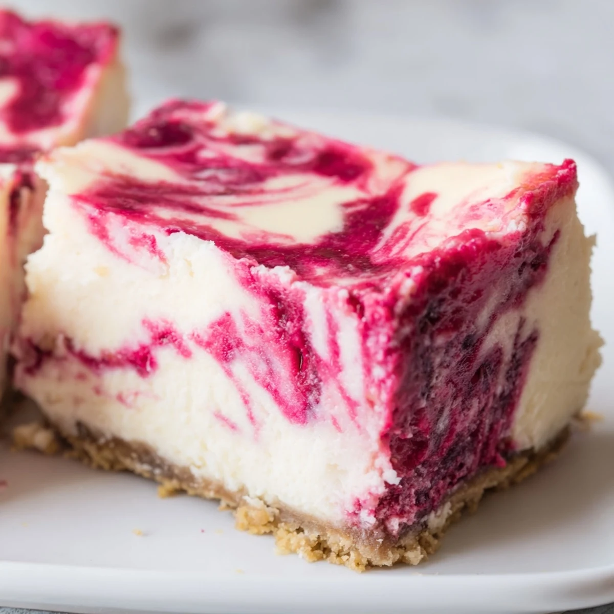 Rich raspberry cheesecake featuring tart berry ribbons swirled through smooth vanilla cream cheese filling