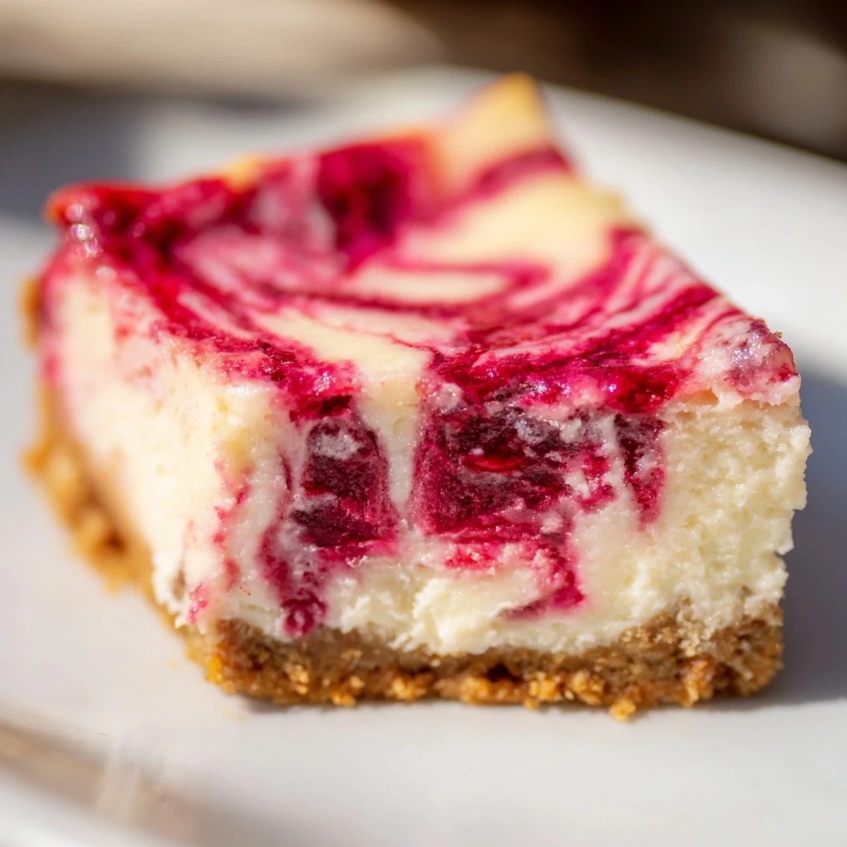 Homemade creamy raspberry cheesecake served chilled with fresh raspberry topping on buttery crust