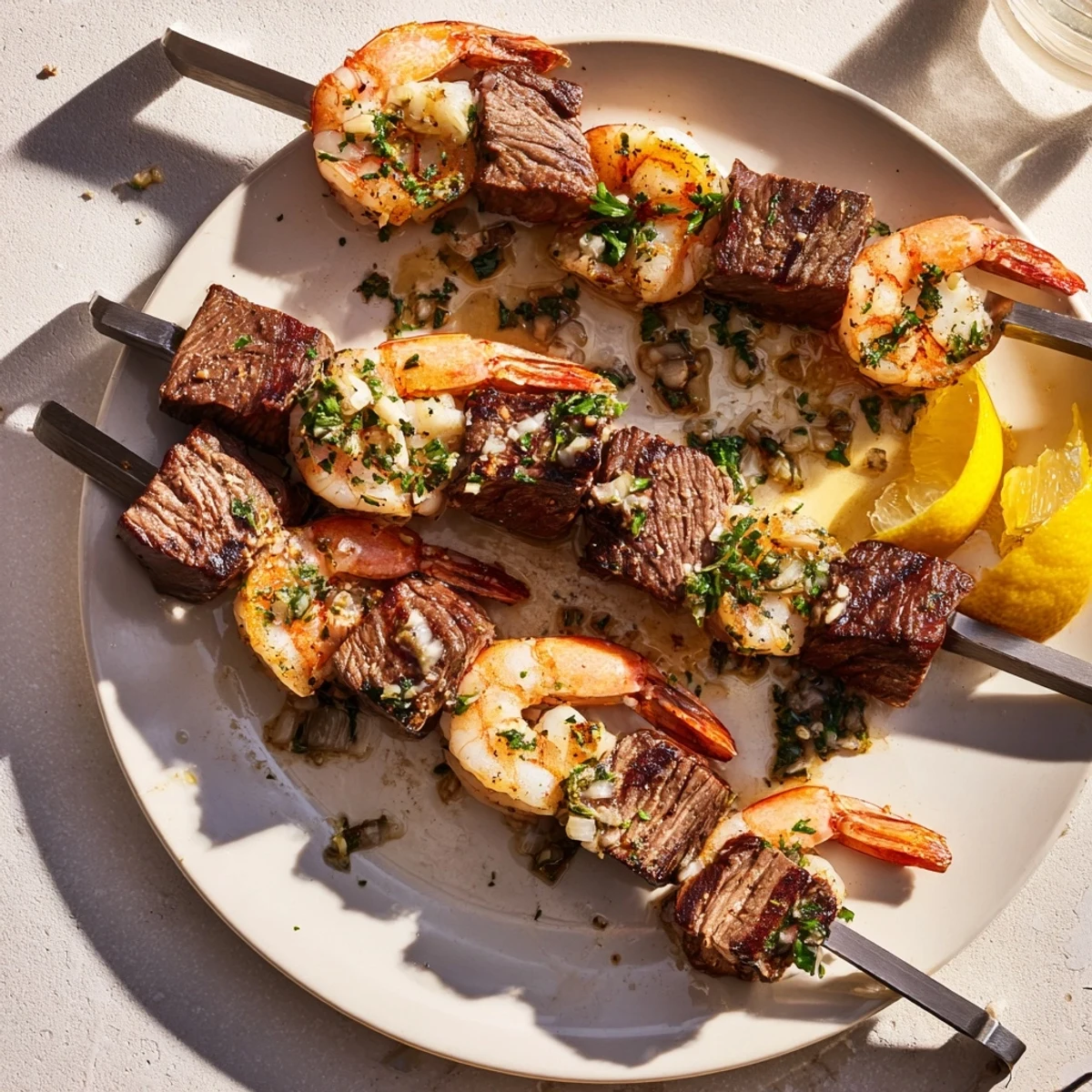 Grilled steak and shrimp skewers drizzled with melted garlic butter sauce and fresh parsley