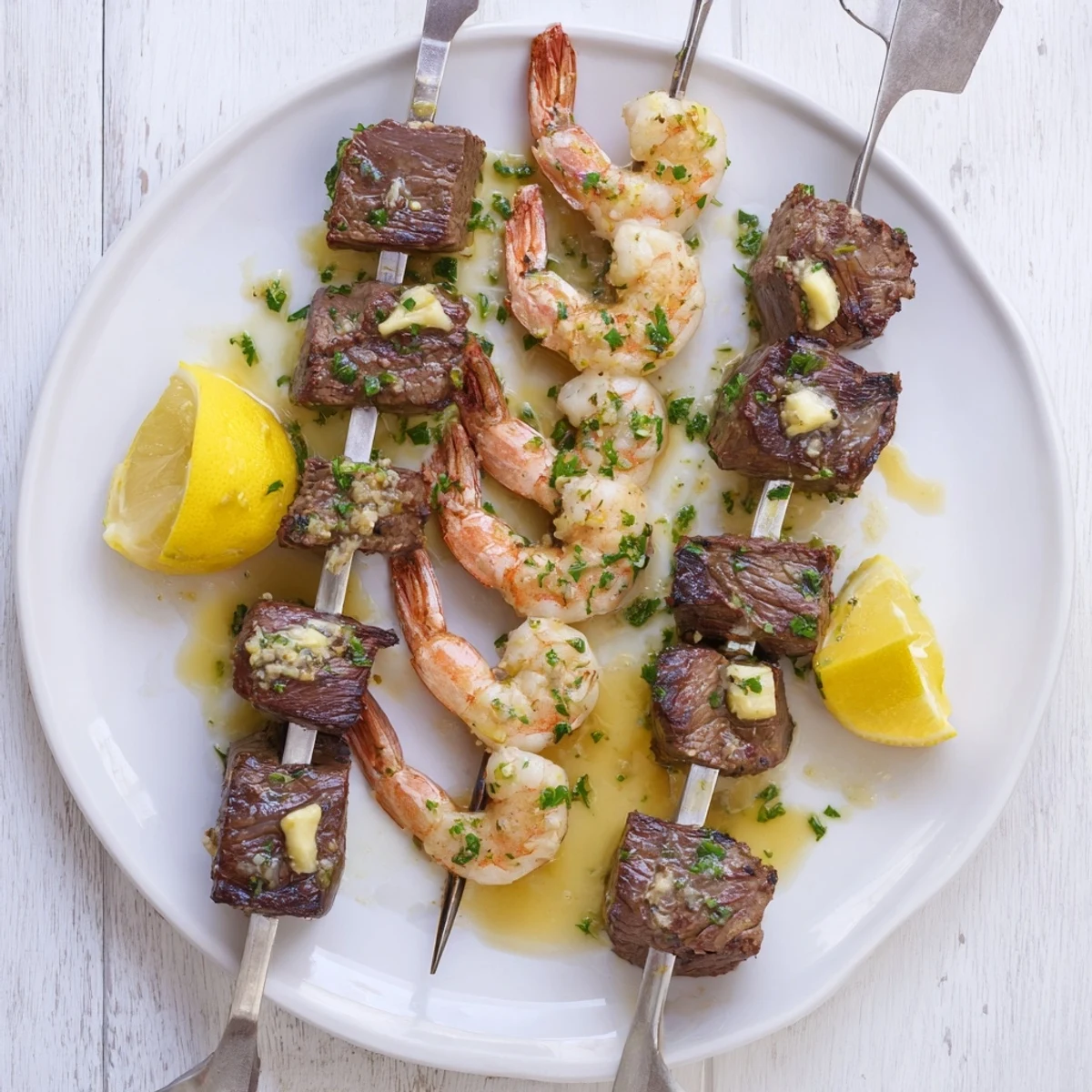 Juicy surf-and-turf skewers featuring tender steak cubes and pink shrimp grilled to perfection