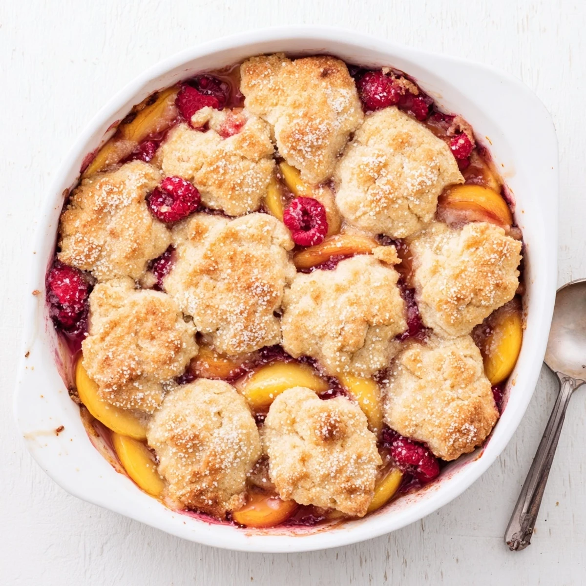 Golden peach and raspberry cobbler topped with buttery biscuits, fresh from the oven