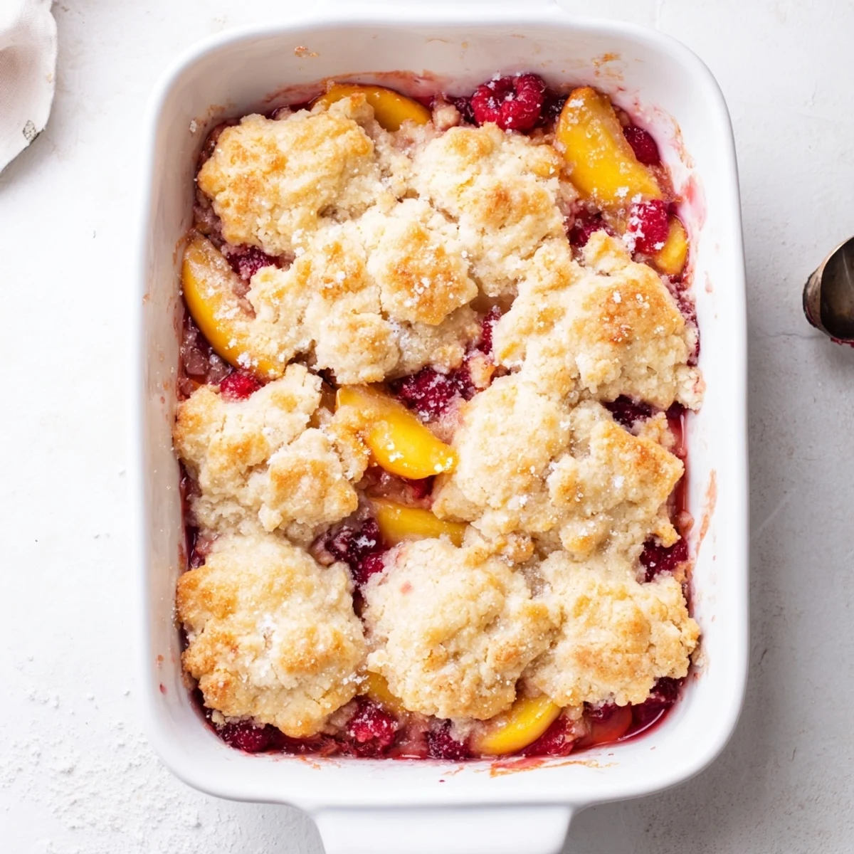 Warm peach and raspberry cobbler bubbling in a dish with golden biscuit topping