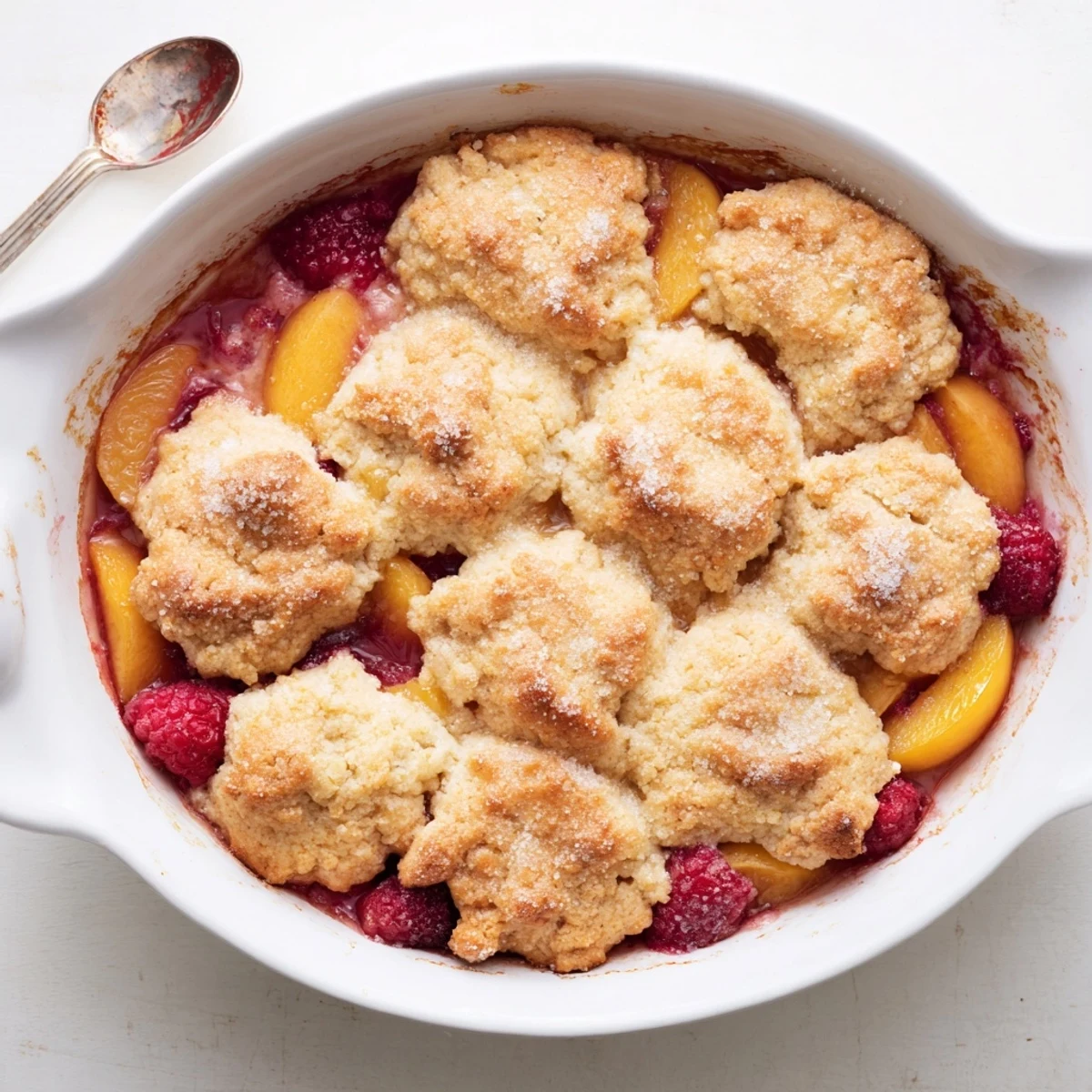 Sweet peaches and raspberries baked beneath flaky golden biscuits in this summer cobbler
