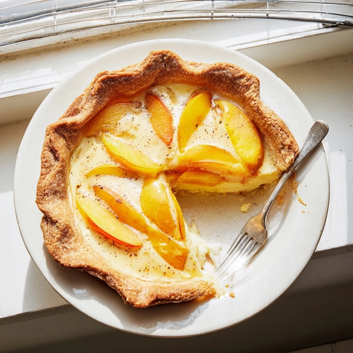 Golden peach custard pie with fresh peach slices in a silky vanilla custard filling